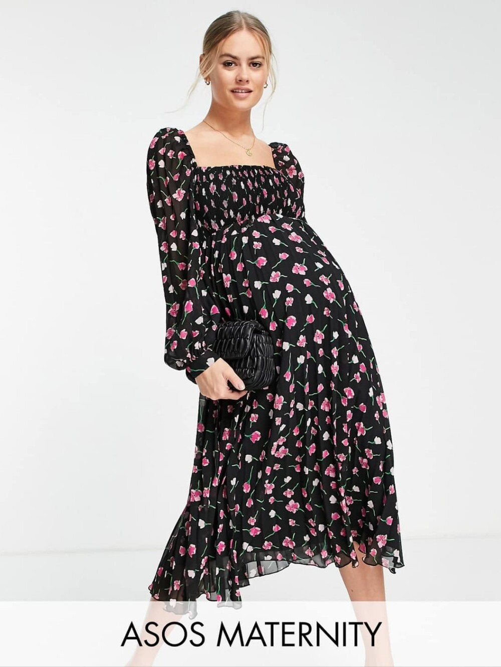 ASOS Design Maternity Square Neck Floral Print Chiffon Pleated Midi Dress 10